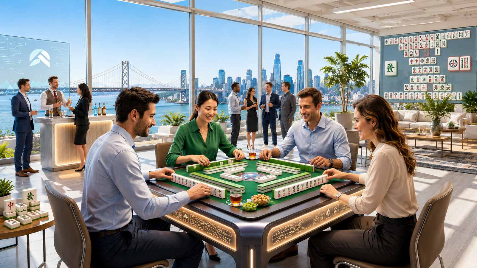 Corporate team building in the Bay Area with professionals playing Mahjong in a bright San Francisco office