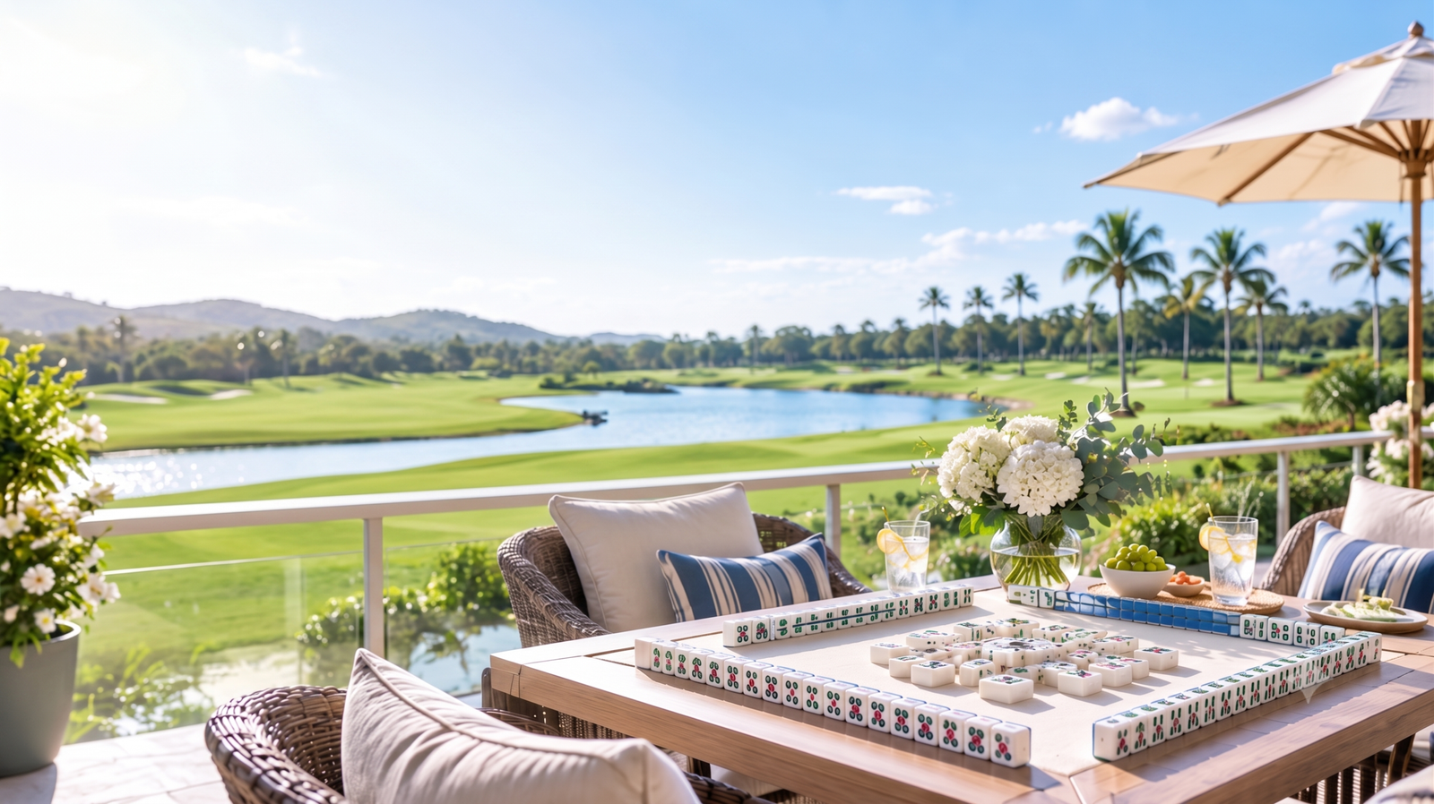 Country club social event: premium Mahjong table on a bright clubhouse terrace overlooking a golf course