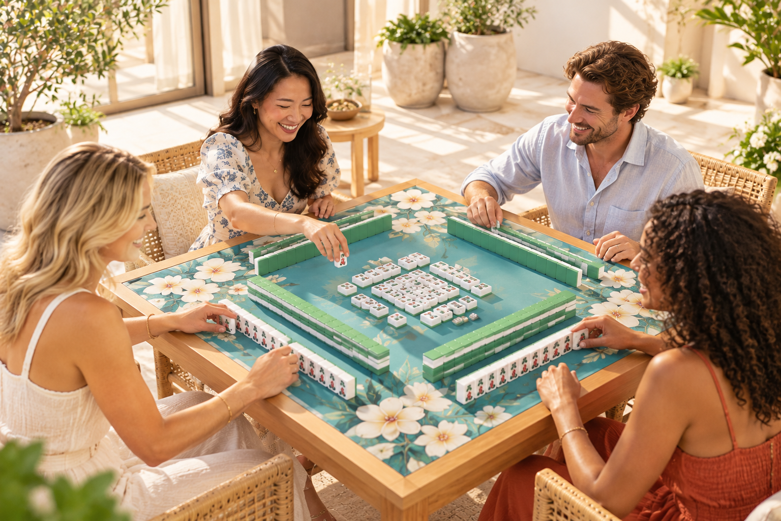 Four friends playing Mahjong together in a bright, airy setting