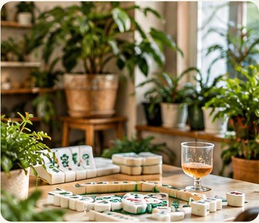 Mahjong classes in Redwood City with tiles and green plants